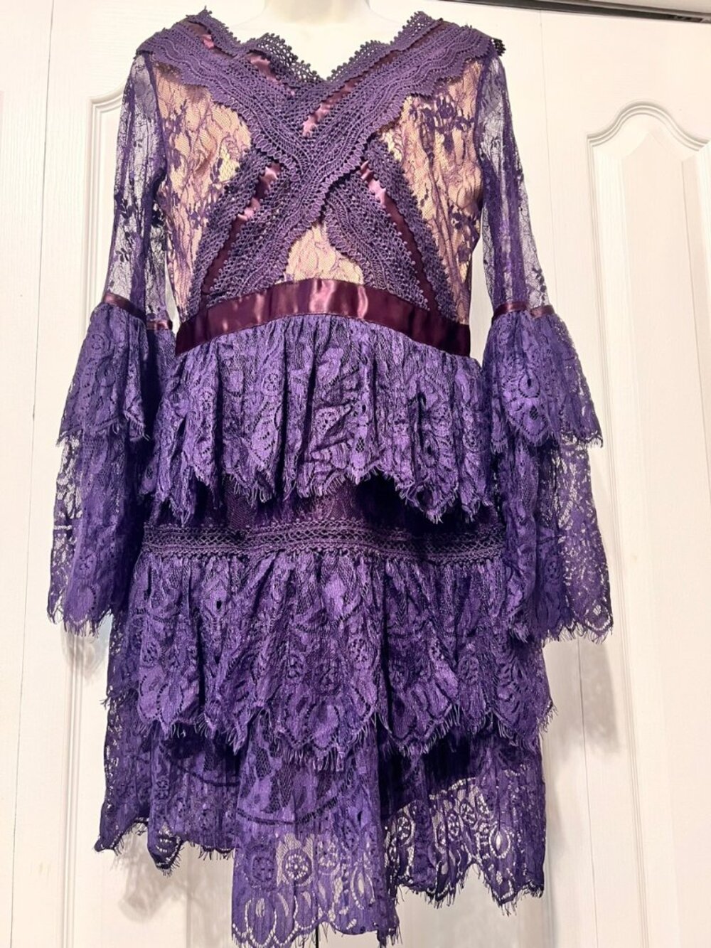IYNI Fashion Purple Boho Mini Lace Dress-Butterfly Long Sleeve-Large Jrs.-Layers